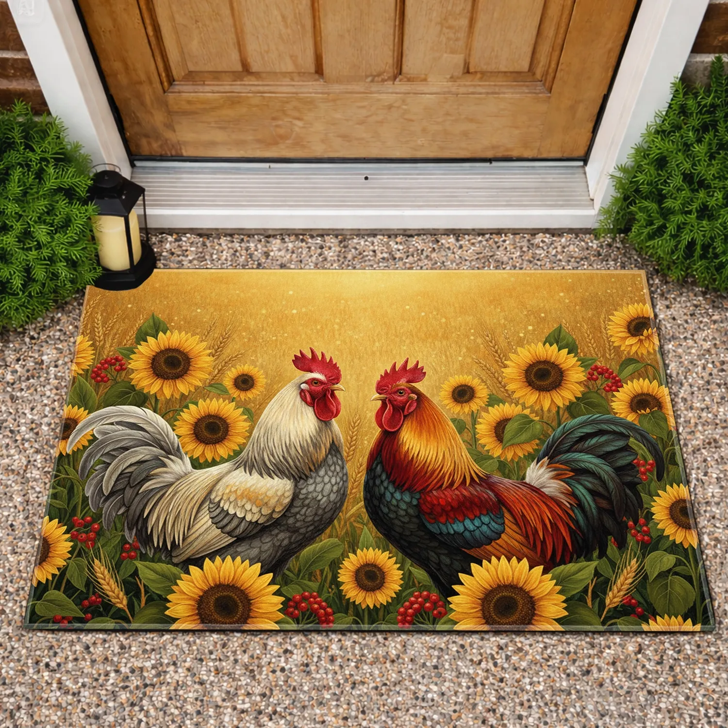 Roosters Sunflower Wheat Berries - Rustic Farmhouse Decor Gift Doormat - 1
