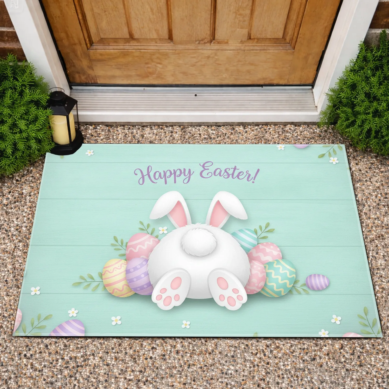 White Bunny Tail Easter Eggs Happy Easter - Easter Holiday Home Decor Doormat - 1