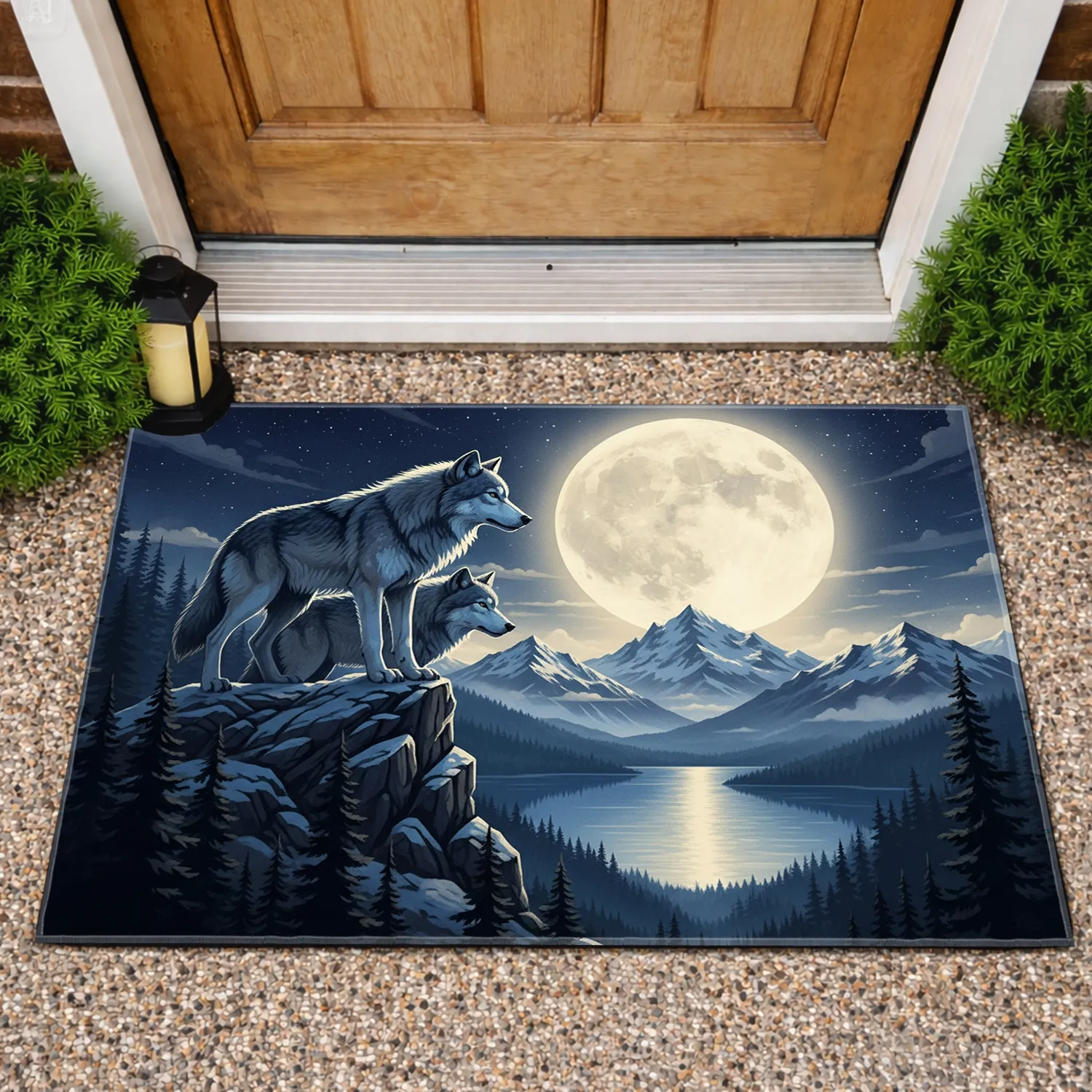 Wolves Rocky Peak Full Moon Lake Mountains - Wildlife Lover Home Decor Gift Doormat - 1