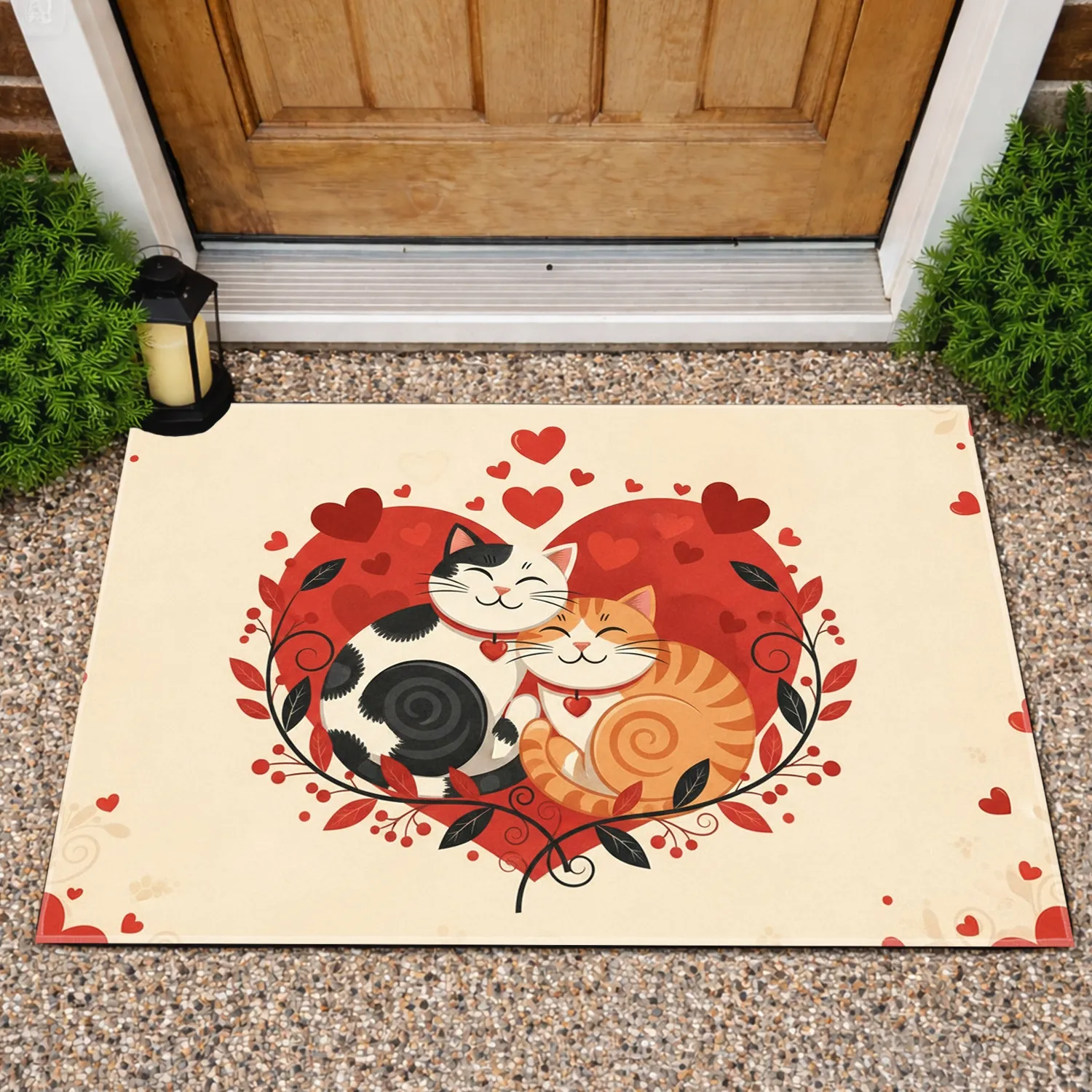 Cuddling Cats Red Hearts Botanical Frame - Home Decor Gift for Cat Lovers Doormat - 1