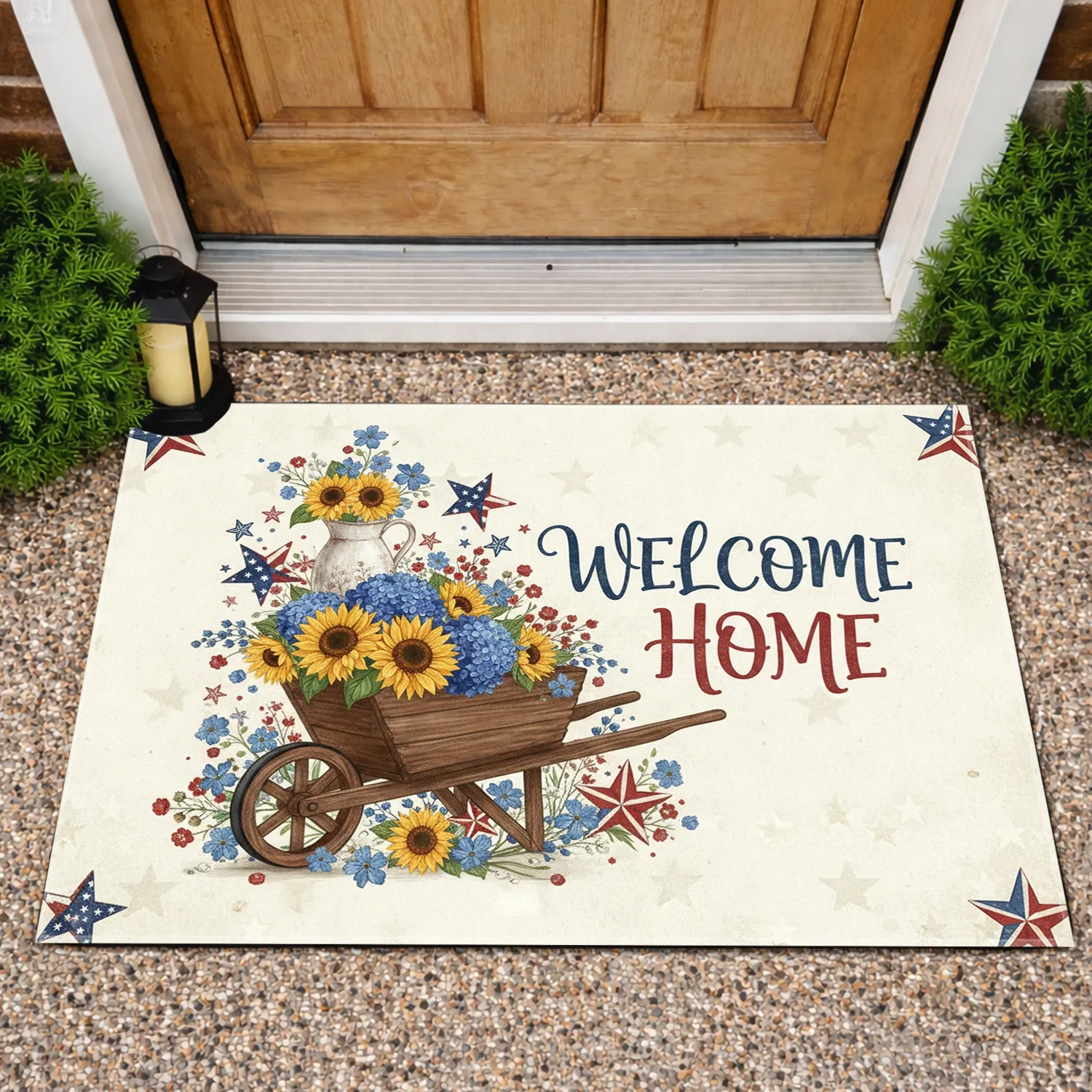 Welcome Home Wheelbarrow Sunflowers Patriotic Stars - Patriotic Home Decor Gift Doormat - 1