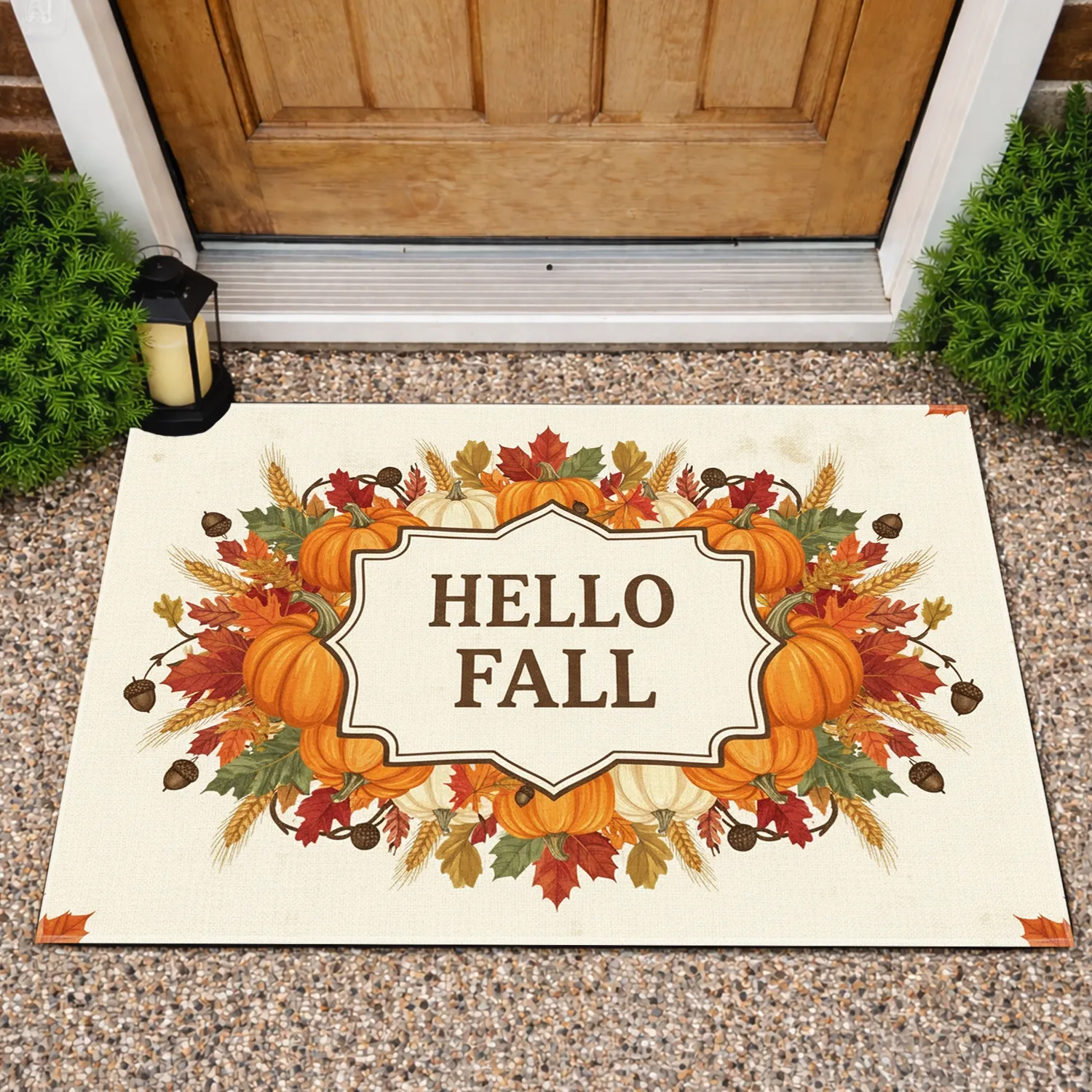 Hello Fall Pumpkins Maple Leaves - Rustic Farmhouse Welcome Decor Doormat - 1