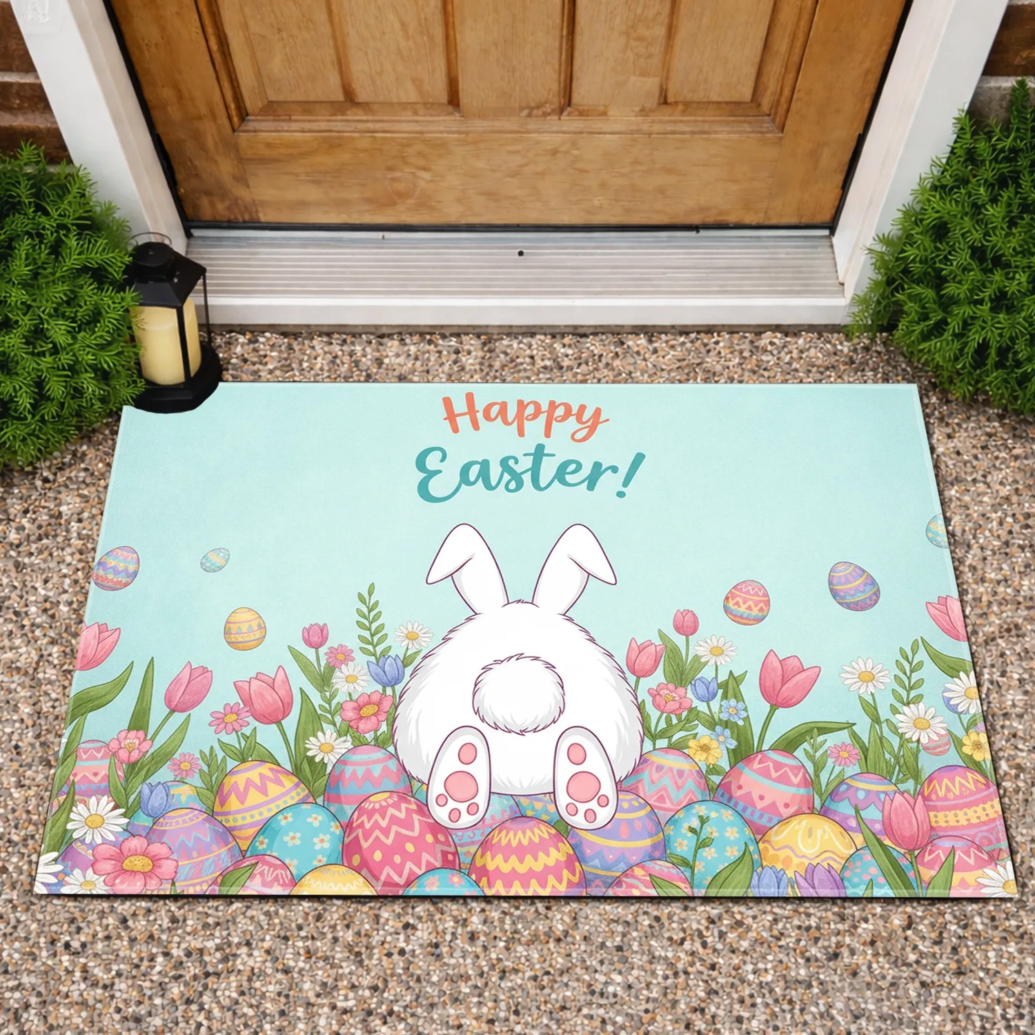 Happy Easter Bunny Tail Eggs Spring Flowers - Easter Celebration Doormat - 1