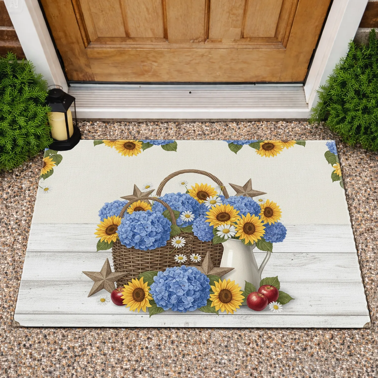 Weathered Wooden Stars Rustic Baskets Hydrangea Sunflower Daisies - Farmhouse Decor Gift Doormat - 1