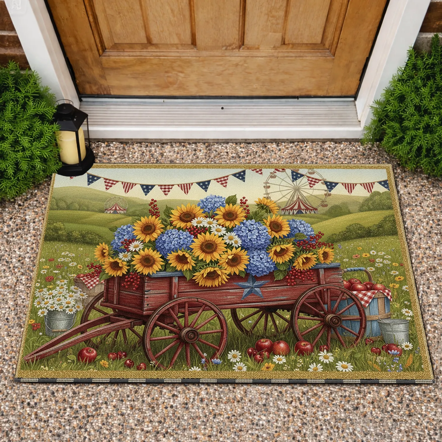 Rustic Red Wagon Sunflowers Circus Ferris Wheel Bunting - Americana Home Decor Doormat - 1