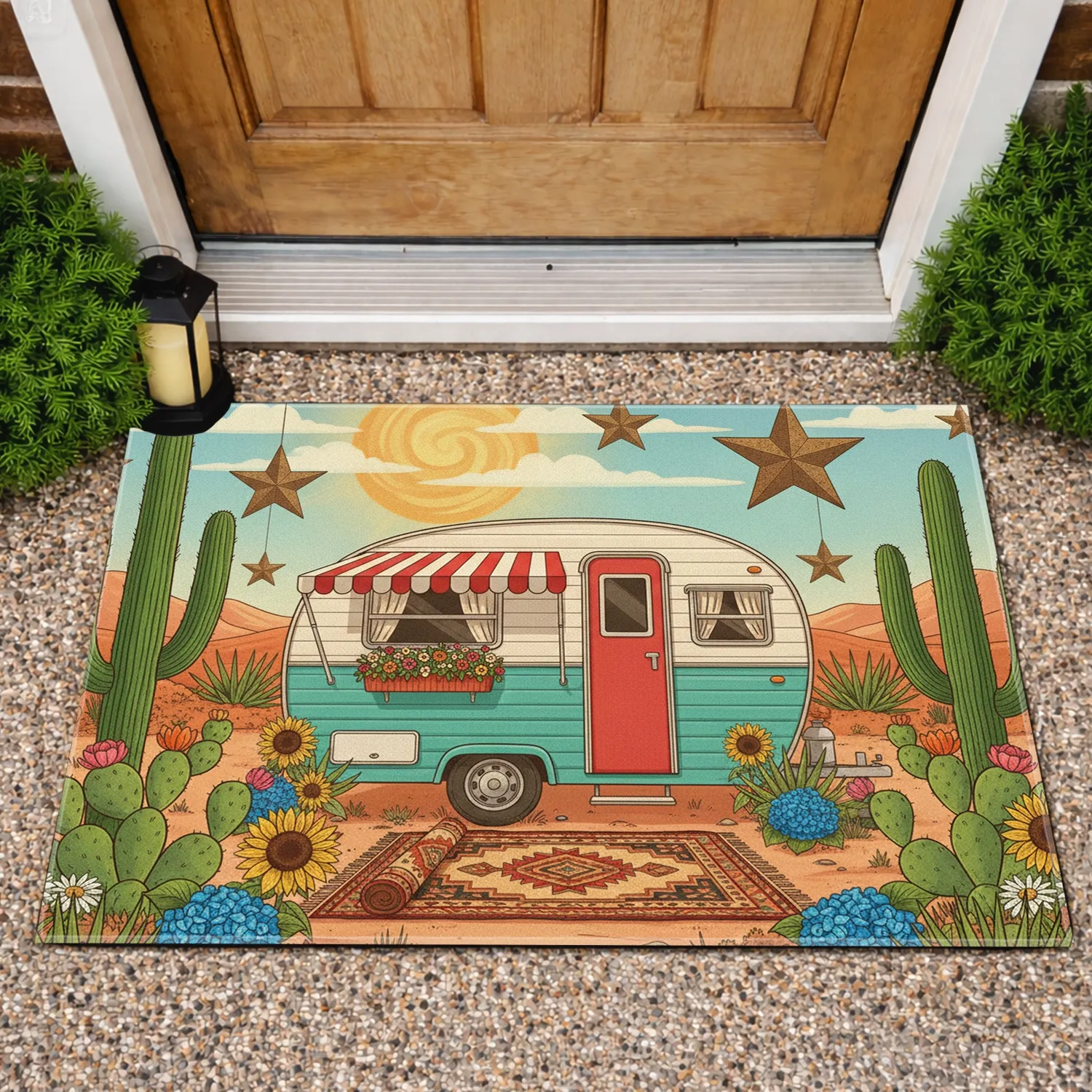 Vintage Camper Desert Saguaro - Home Decor Gift for Travel Lovers Doormat - 1