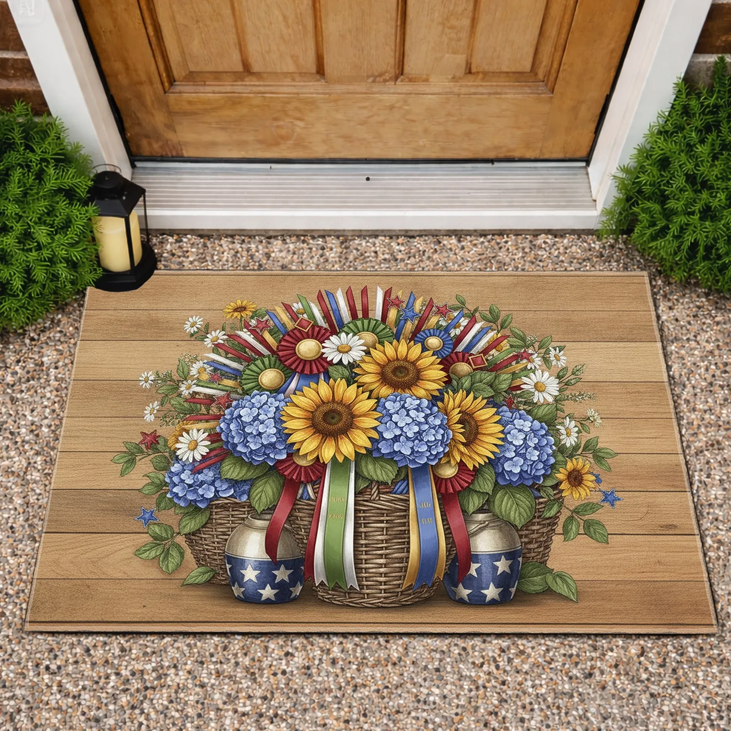 Patriotic Ribbons Sunflowers Hydrangeas Daisies - Independence Day Gift for Veterans Doormat - 1