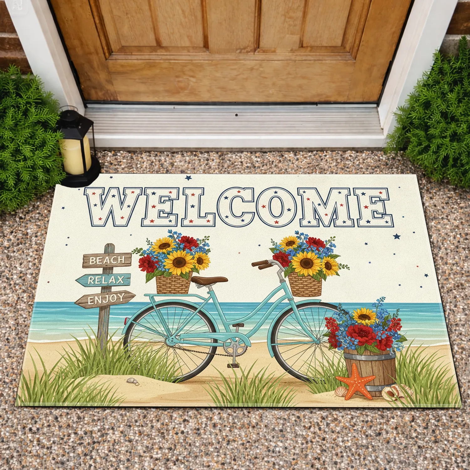 Vintage Bicycle Welcome Sign Sunflowers Beach Grass - Coastal Summer Home Decor Gift Doormat - 1