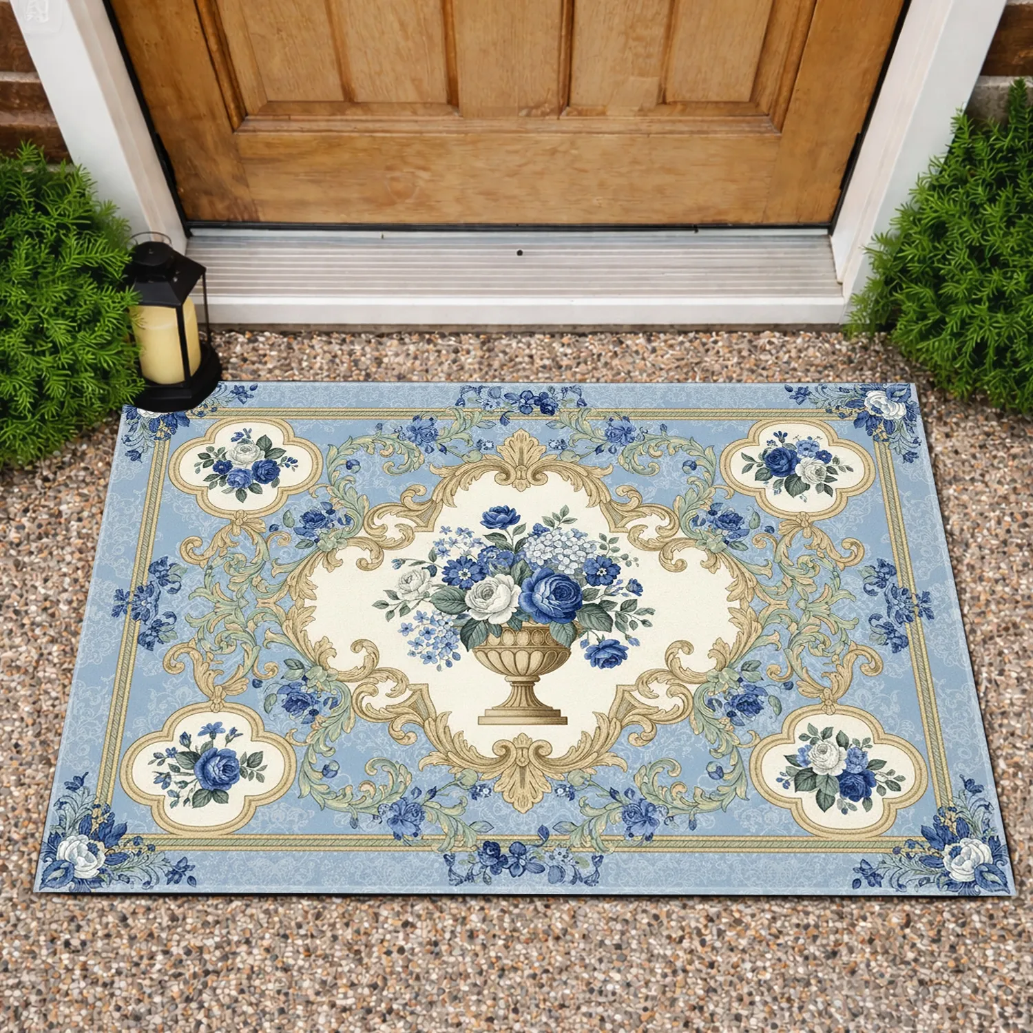 Classical Urn Roses Hydrangeas Acanthus Leaves Scrollwork - Home Decor Gift Doormat - 1