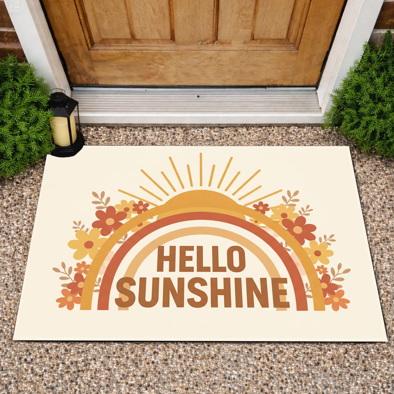 Hello Sunshine Multi-Arc Rainbow Sun Bohemian Orange Floral Sprigs - Home Decor Gift Doormat - 1