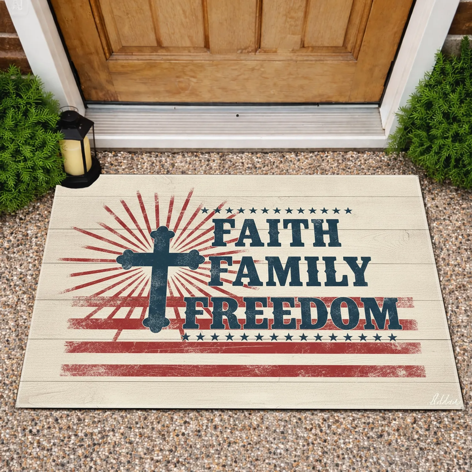 Christian Cross Faith Family Freedom - Patriotic Home Decor Gift for Veterans Doormat - 1