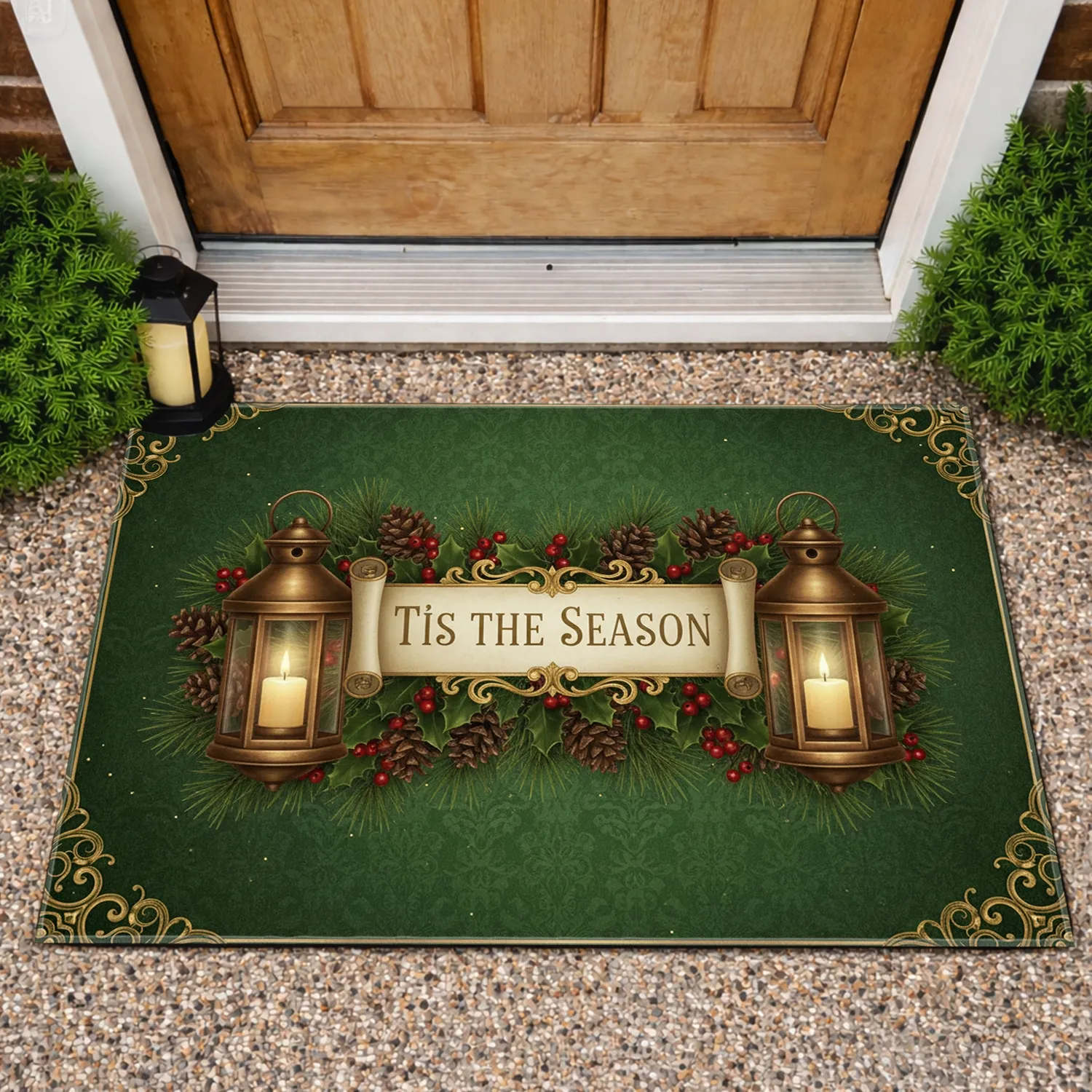 Tis The Season Scroll Banner Lantern Holly Pinecones - Christmas Home Decor Gift Doormat - 1