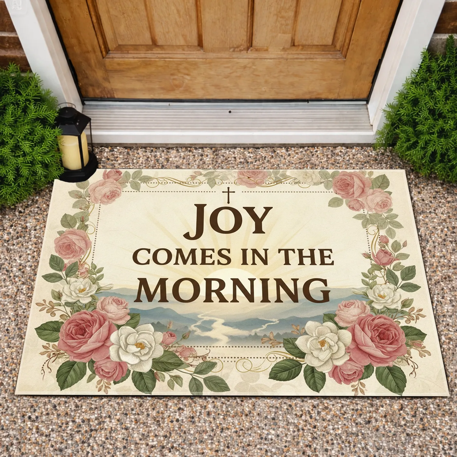 Vintage Floral Joy Comes Morning Cross Sunrise - Farmhouse Home Decor Gift Doormat - 1