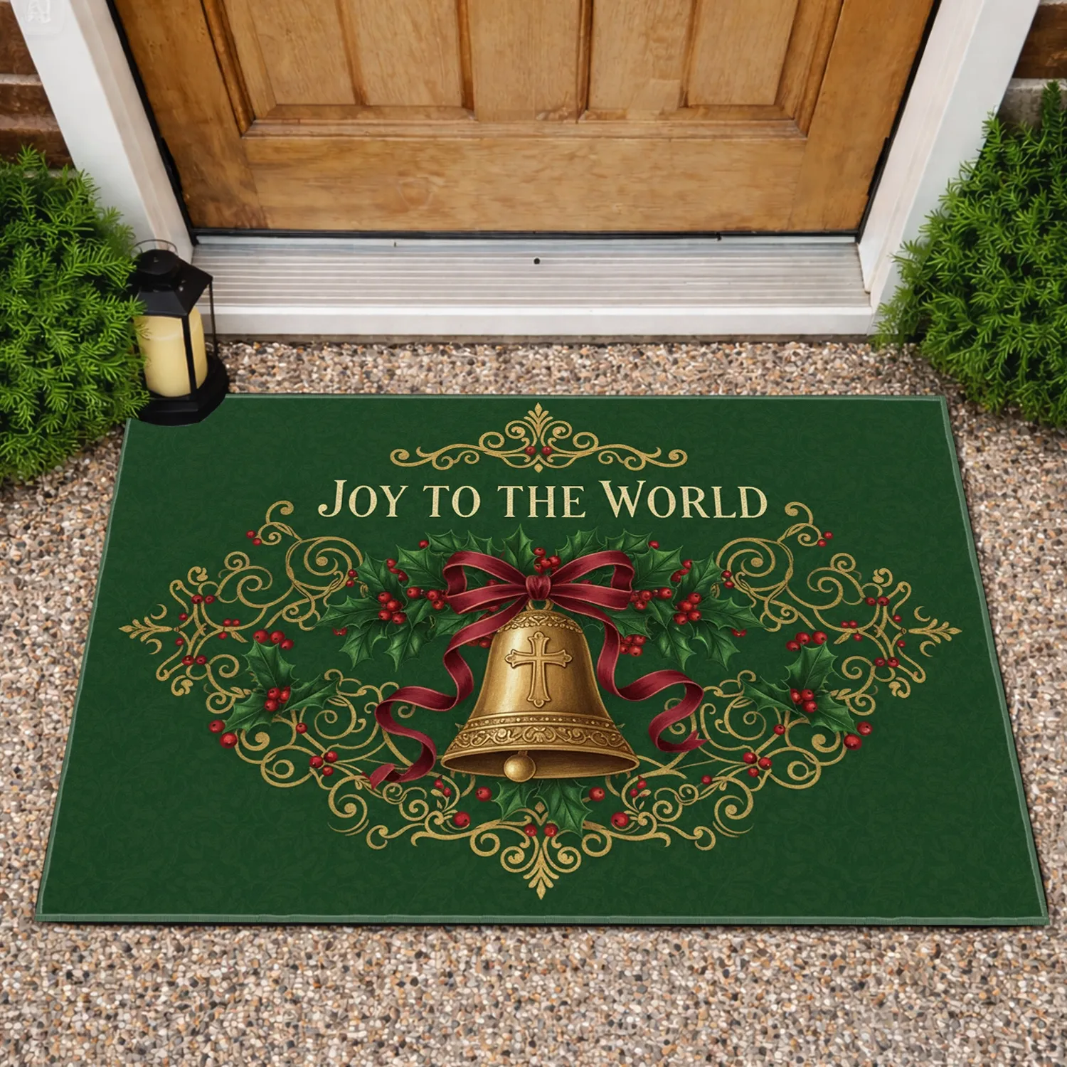 Golden Bell Cross Holly Berry Joy To The World - Christmas Festive Decor Doormat - 1