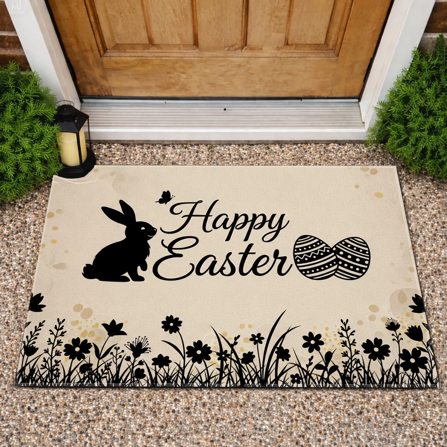 Happy Easter Bunny Eggs Floral - Rustic Farmhouse Easter Decor Doormat - 1