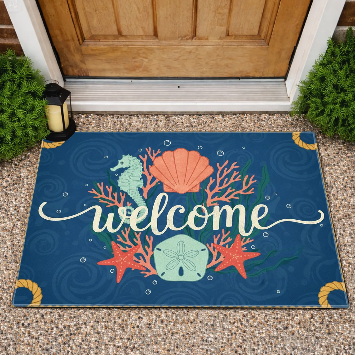 Welcome Script Conch Shell Sand Dollar - Coastal Marine Life Home Decor Gift Doormat - 1