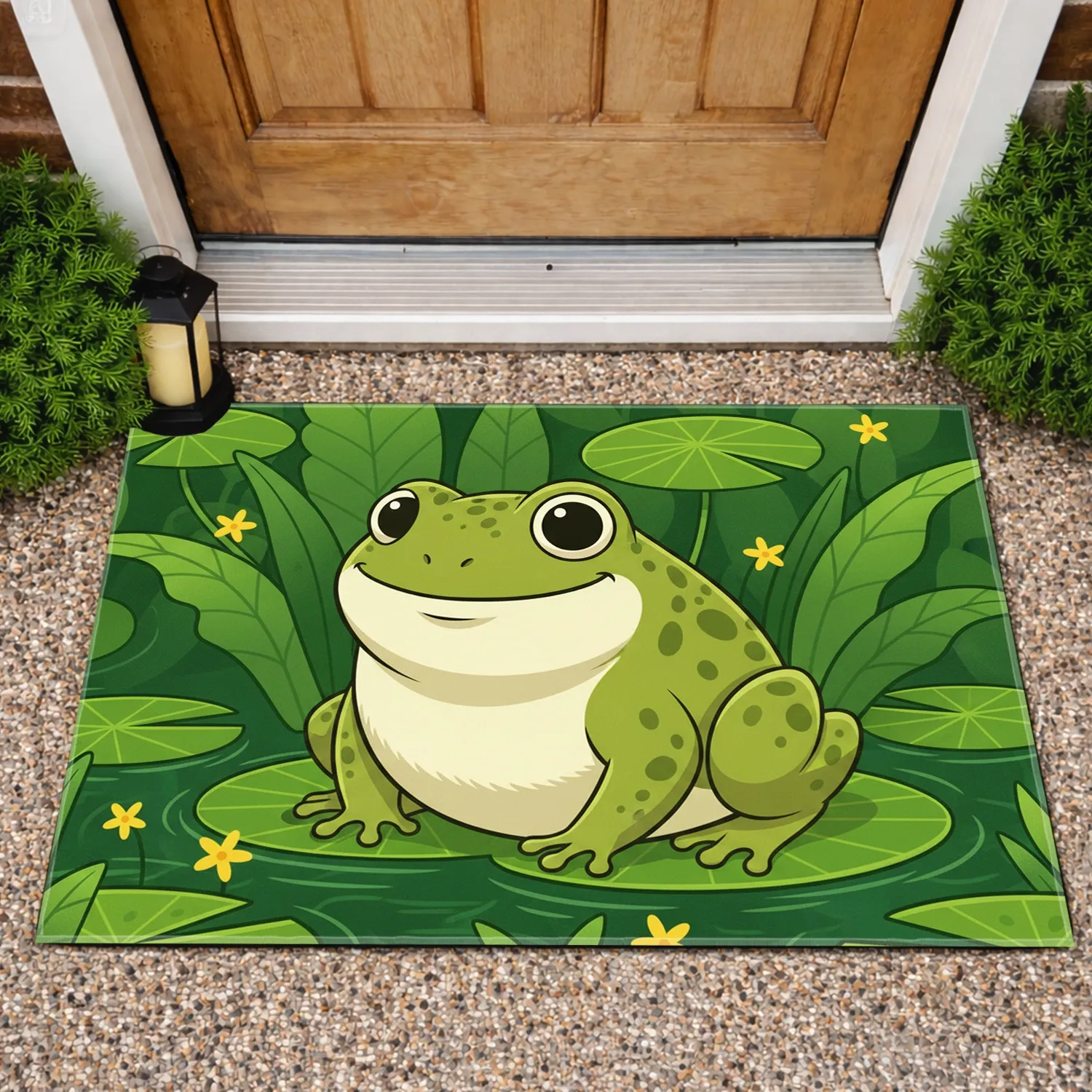 Friendly Green Cartoon Frog Lily Pad Wildflower Pond - Wildlife Garden Home Decor Gift Doormat - 1