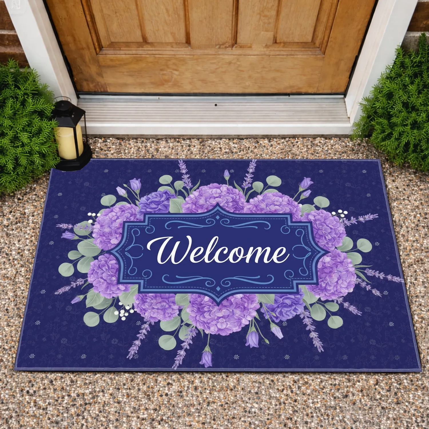 Deep Indigo Welcome Script Hydrangea Lisianthus Eucalyptus Berries - Home Decor Gift Doormat - 1