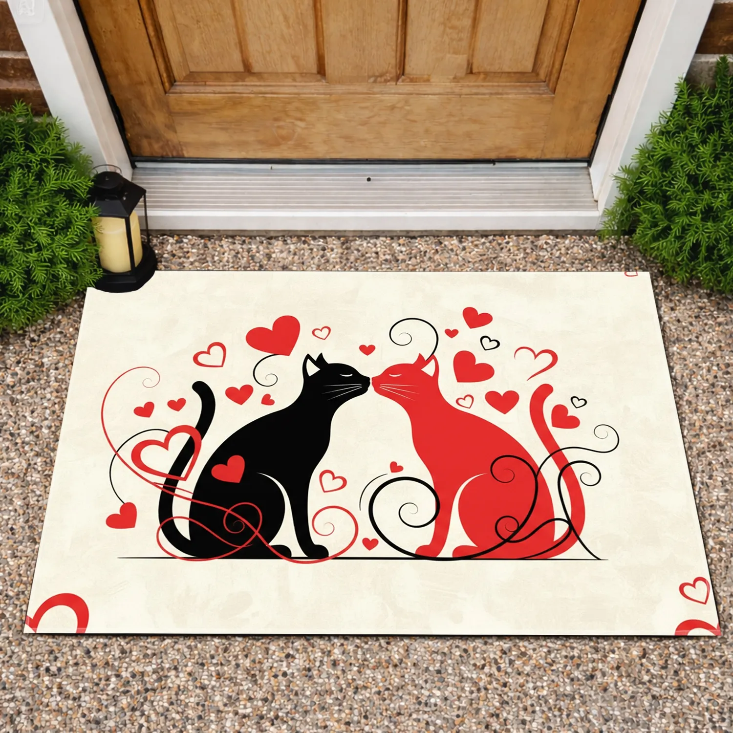 Black Red Kissing Cats Hearts Swirls - Romantic Home Decor Gift Doormat - 1