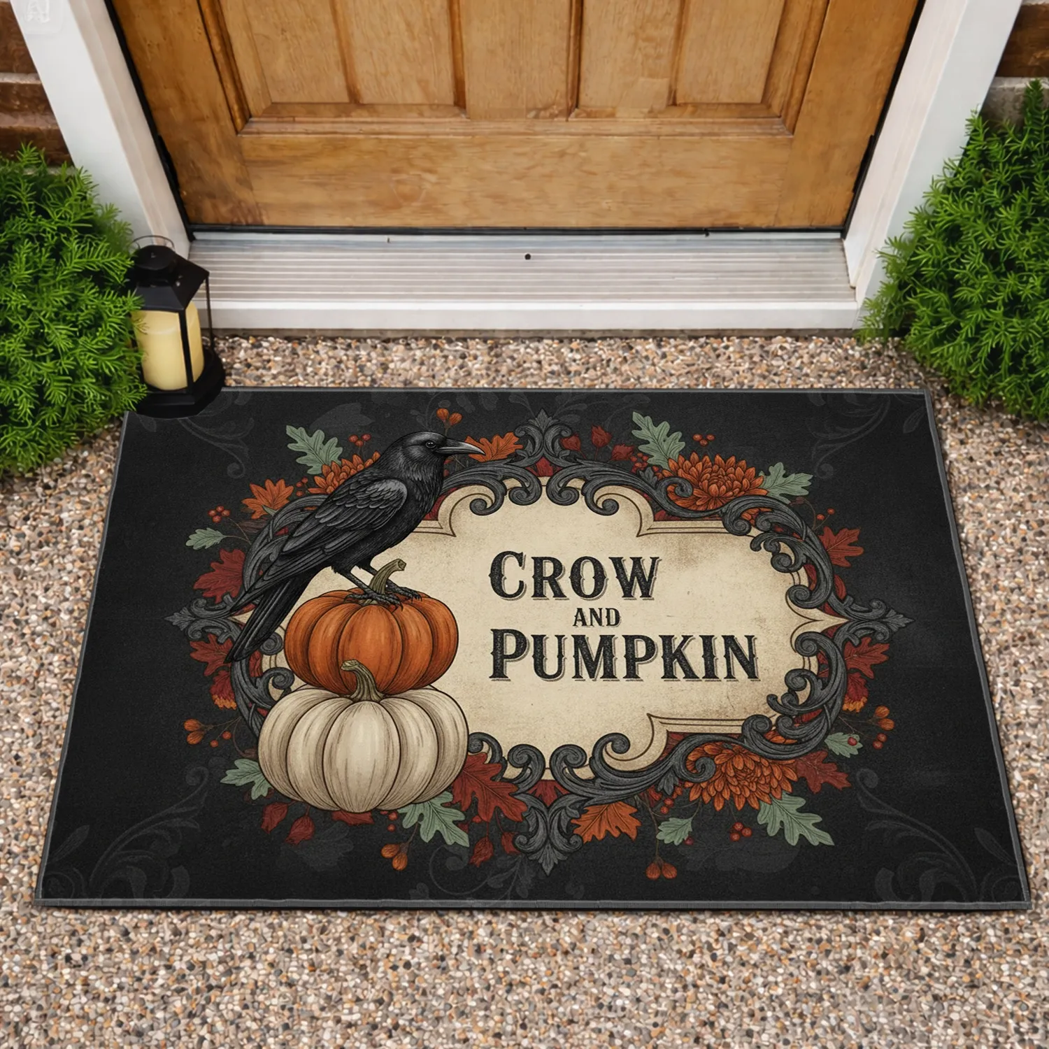 Black Crow Pumpkin Text Cartouche Autumn Flowers - Rustic Farmhouse Home Decor Gift Doormat - 1