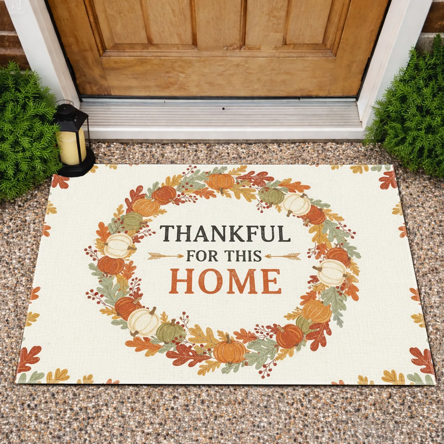 Thankful For This Home Autumn Foliage Wreath Pumpkins - Farmhouse Thanksgiving Decor Doormat - 1