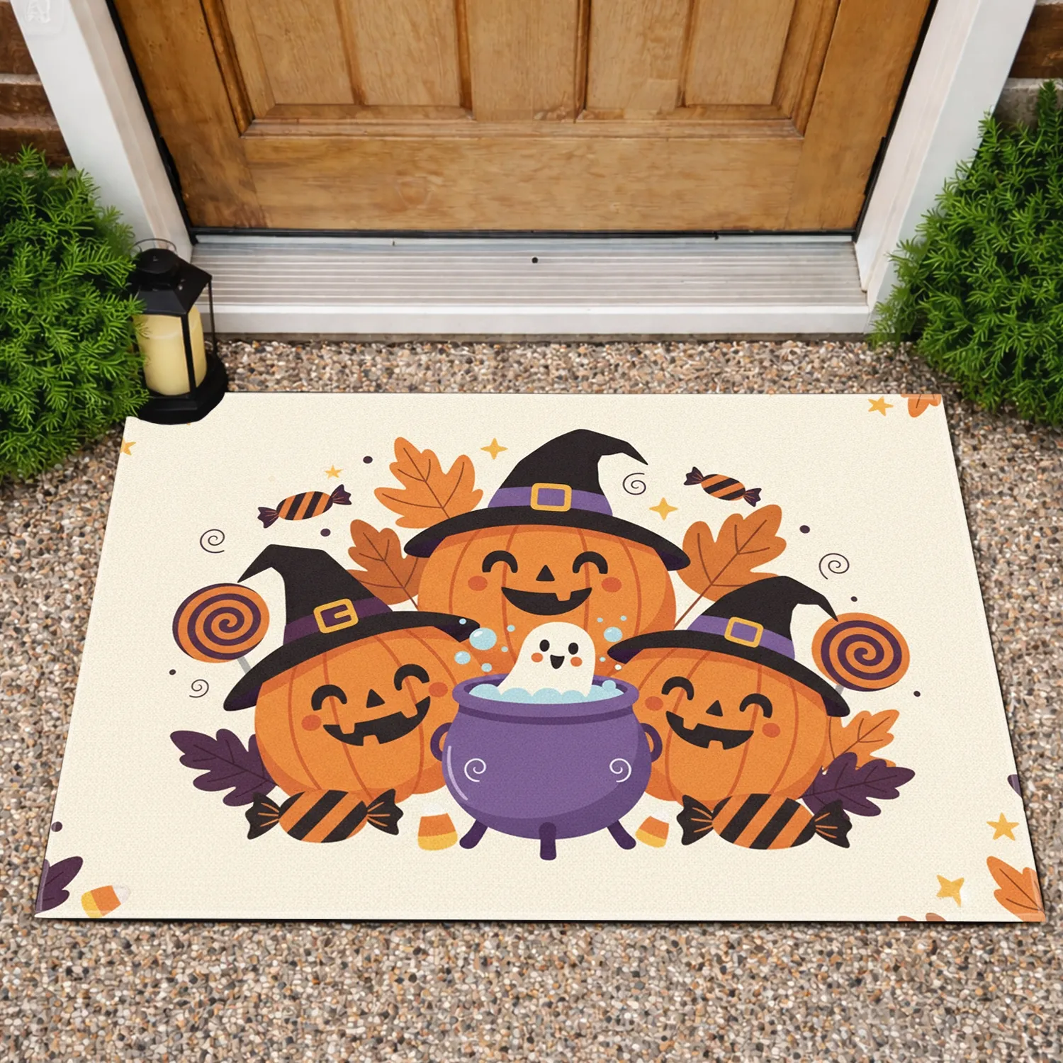 Pumpkins Witch Hats Ghost Cauldron Candies Leaves - Halloween Home Decor Doormat - 1