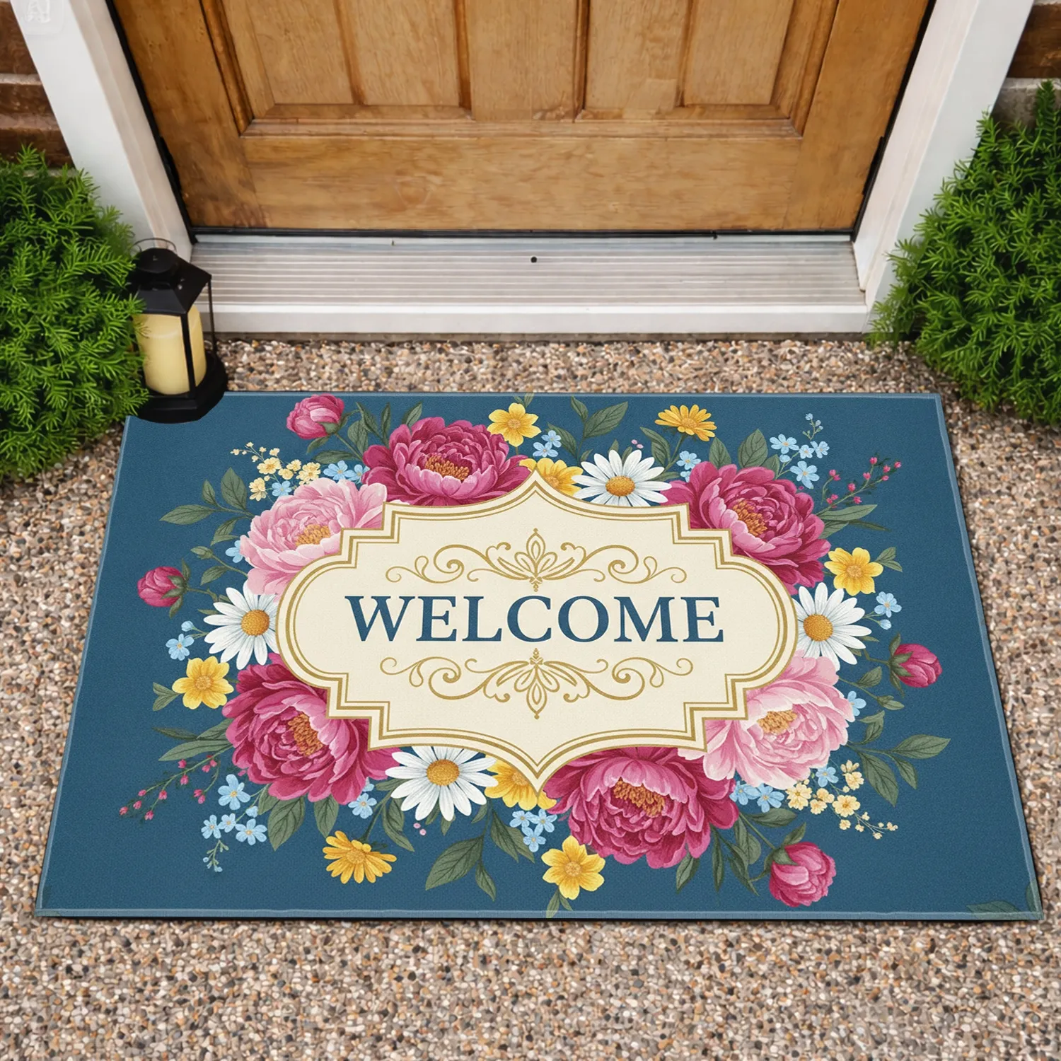 Lush Peony Daisy Floral WELCOME Cartouche Greenery - Botanical Home Decor Gift Doormat - 1