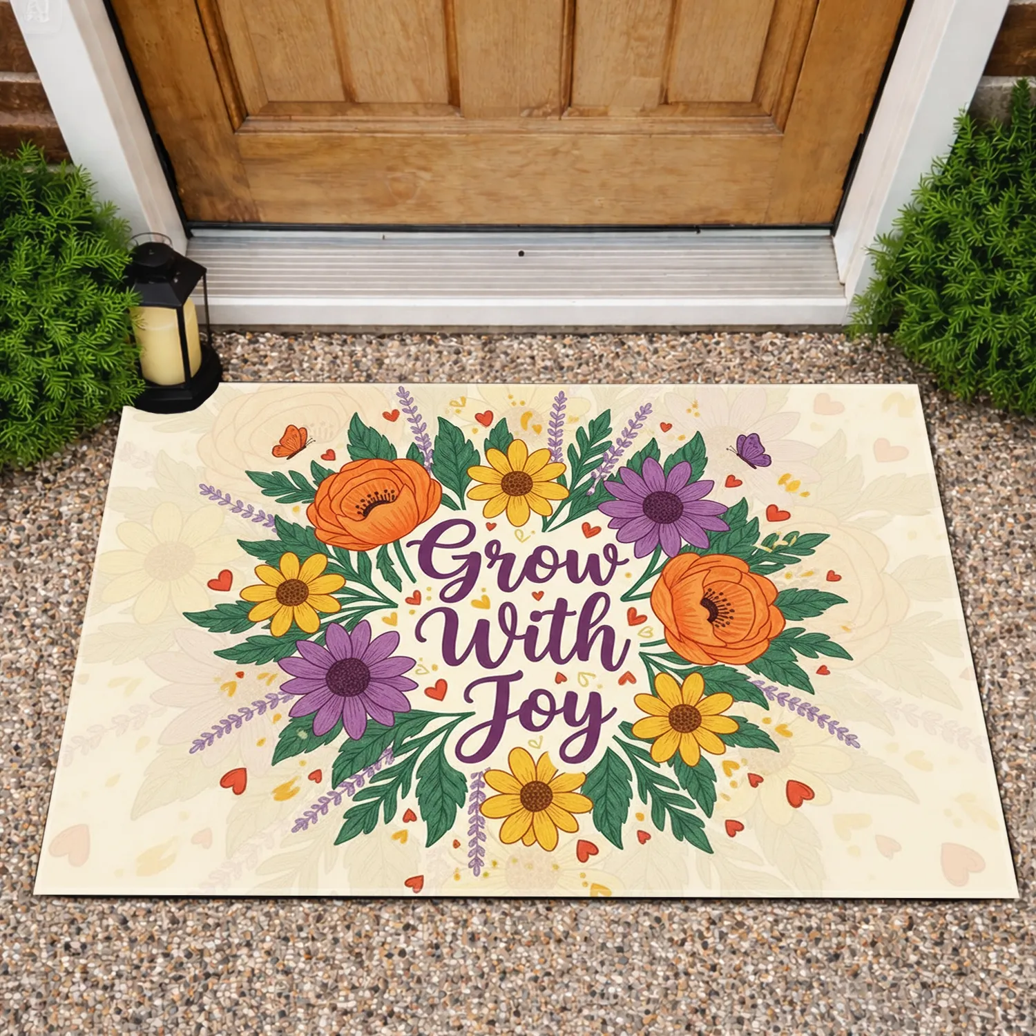 Grow With Joy Poppy Daisy Coneflower Green Stems Butterflies Hearts - Home Decor Gift Doormat - 1