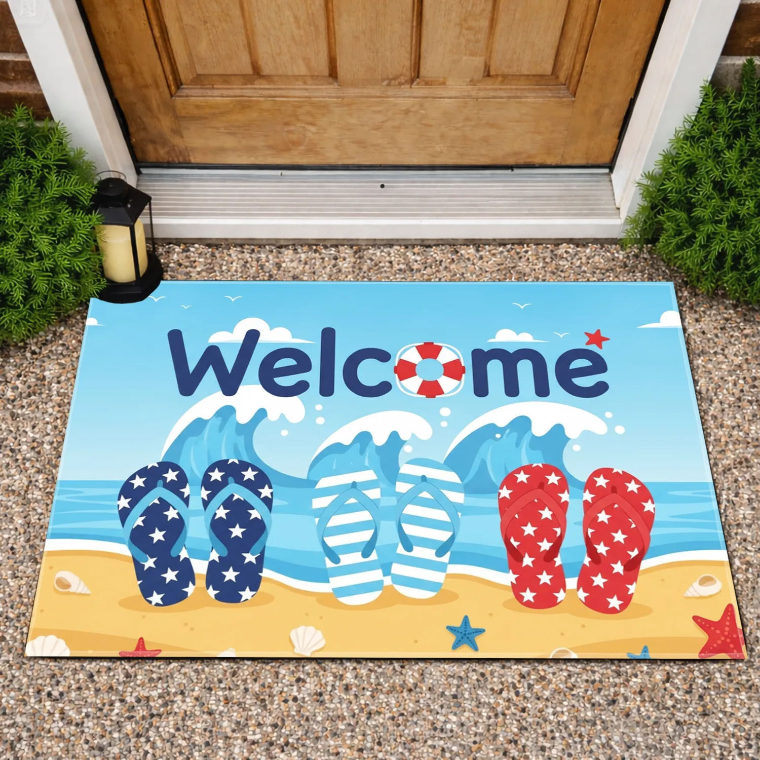 Welcome Lifebuoy Star Flip Flops Patriotic Beach - Independence Day Home Decor Doormat - 1
