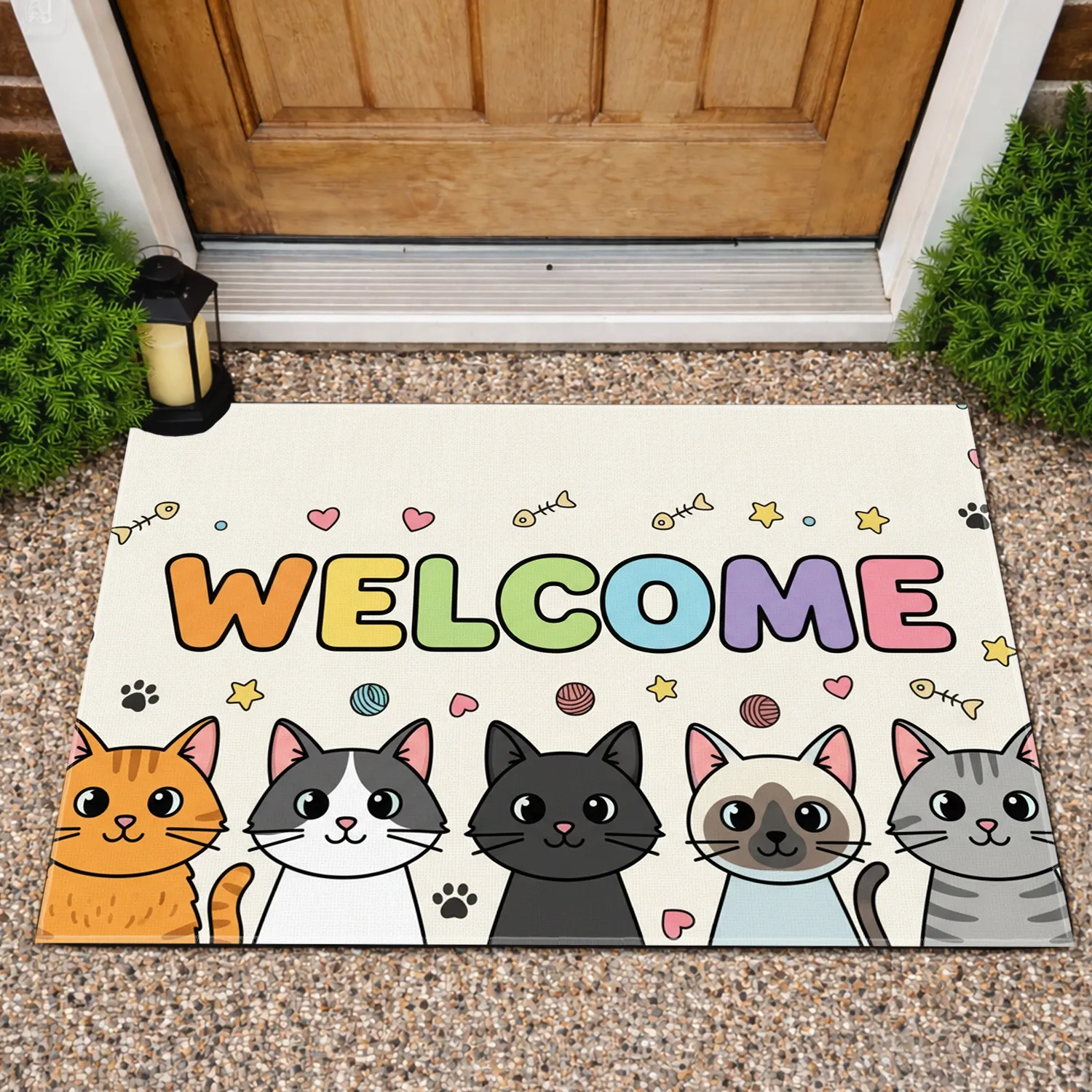 Welcome Cats Paw Prints Hearts Stars - Home Decor Gift for Cat Lover Doormat - 1
