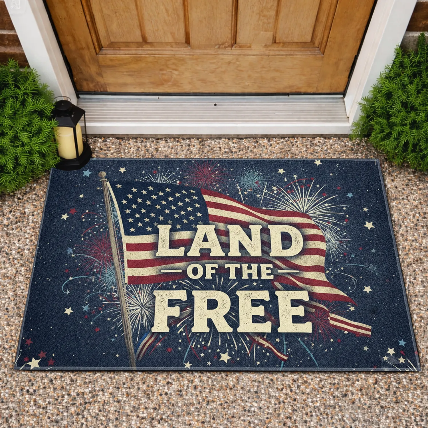 Waving American Flag Land of the Free Text - Independence Day Gift for Veterans Doormat - 1