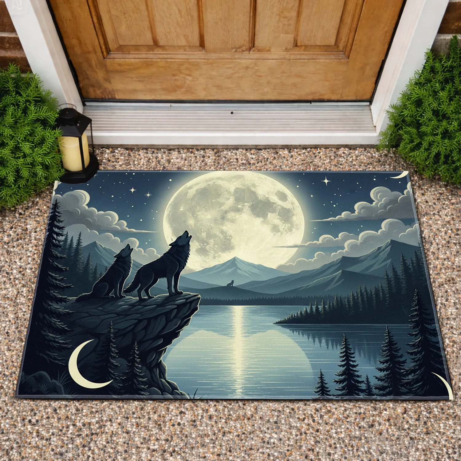 Two Wolves Howling Full Moon Pine Forest - Wildlife Lover Gift Doormat - 1