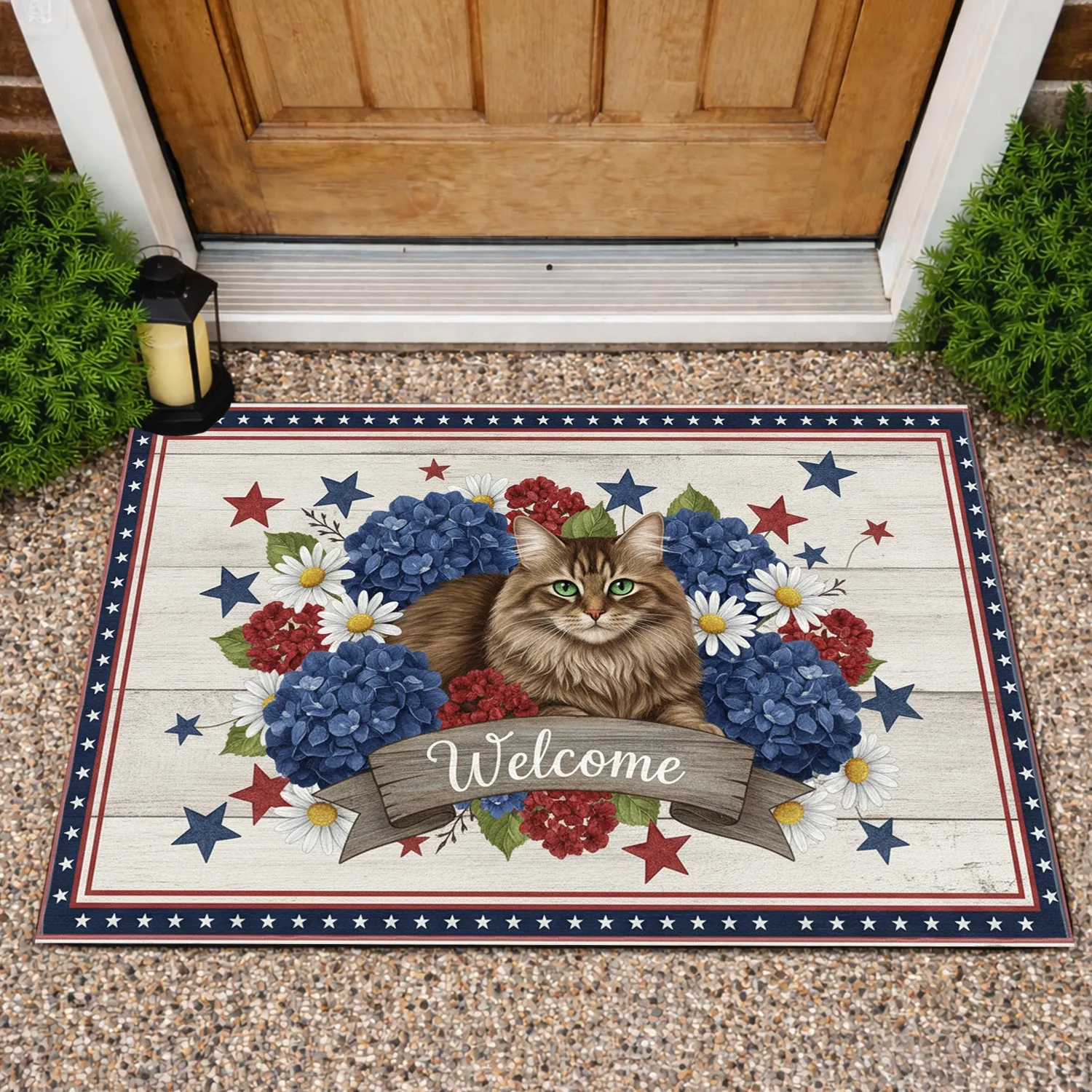 Fluffy Brown Cat Welcome Patriotic Floral Stars - Farmhouse Decor Gift for Cat Lover Doormat - 1