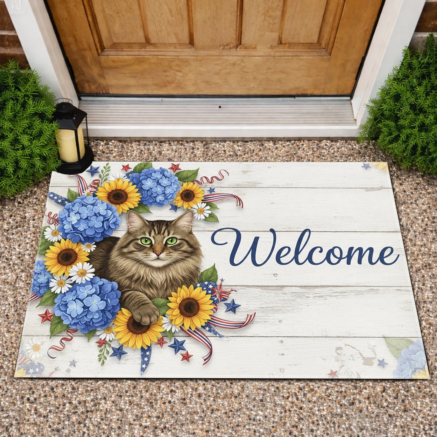 Fluffy Tabby Cat Welcome Wreath Patriotic Floral - Home Decor Gift for Cat Lover Doormat - 1