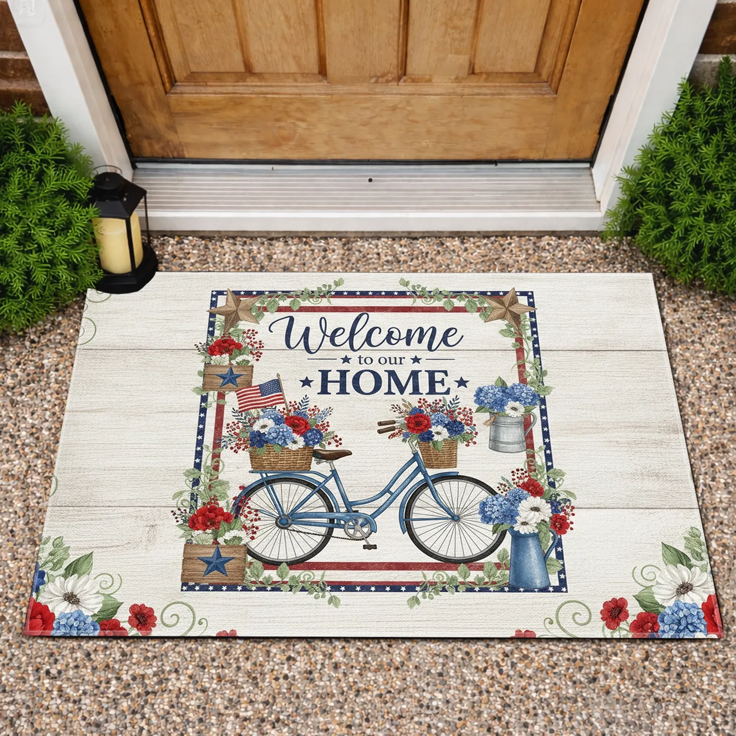 Blue Vintage Bicycle American Flag Welcome Home - Independence Day Decor Doormat - 1