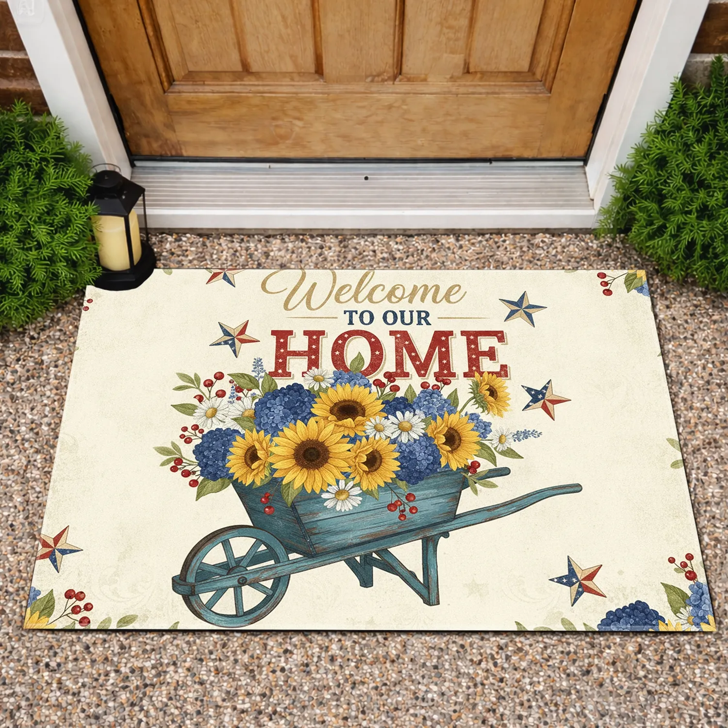 Rustic Blue Wheelbarrow Distressed Stars Welcome Home - Independence Day Gift Doormat - 1