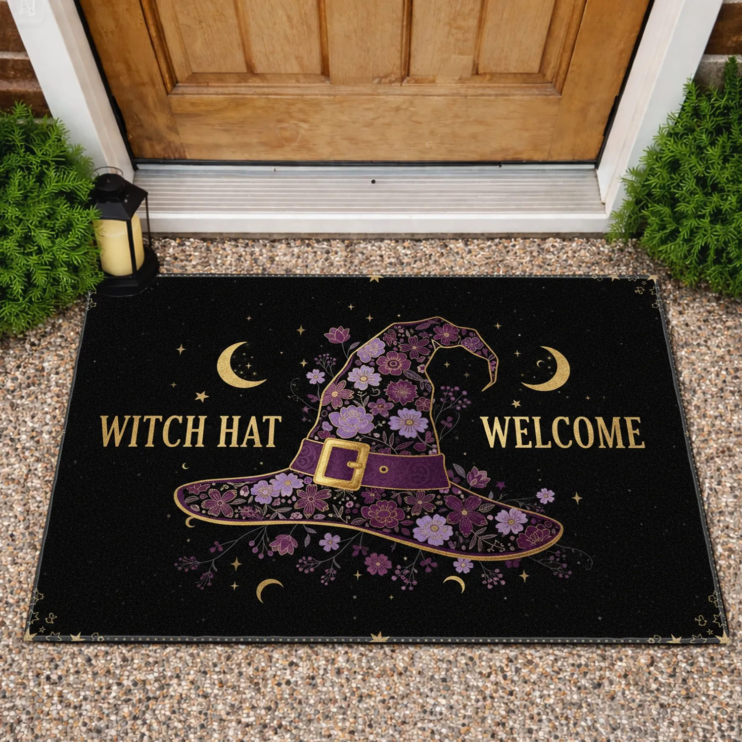 Ornate Witch Hat Welcome Gold Buckle Floral Stars Moons - Home Decor Gift Doormat - 1