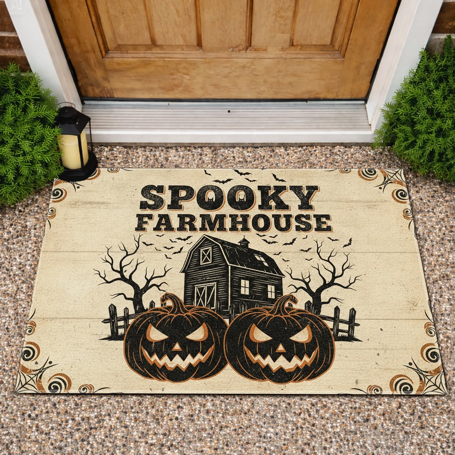 Spooky Farmhouse Haunted Barn Jack-o'-Lanterns Bats - Halloween Decor Doormat - 1