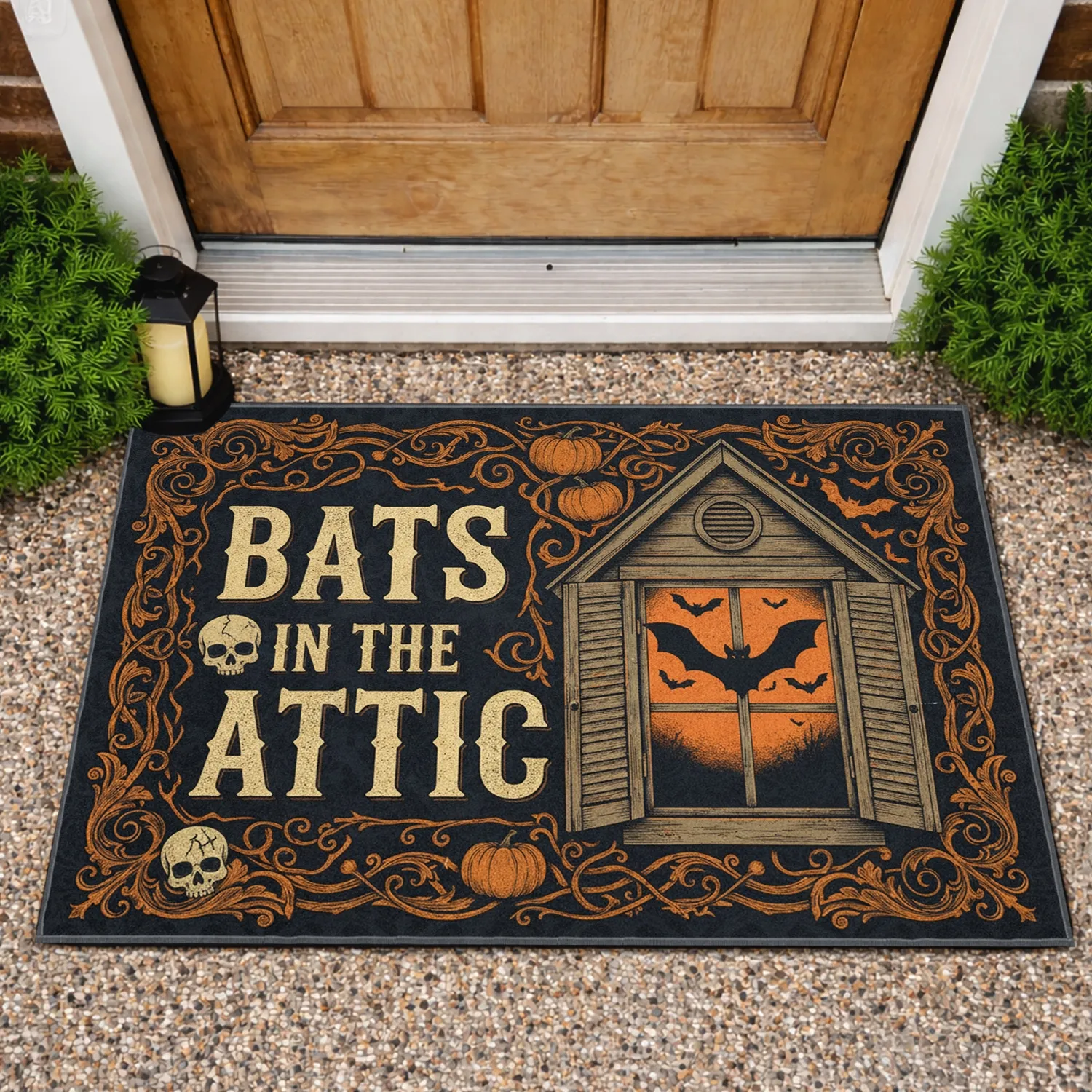 Bats Attic Window Pumpkin Skull Orange Full Moon Ornate Borders - Halloween Home Decor Gift Doormat - 1