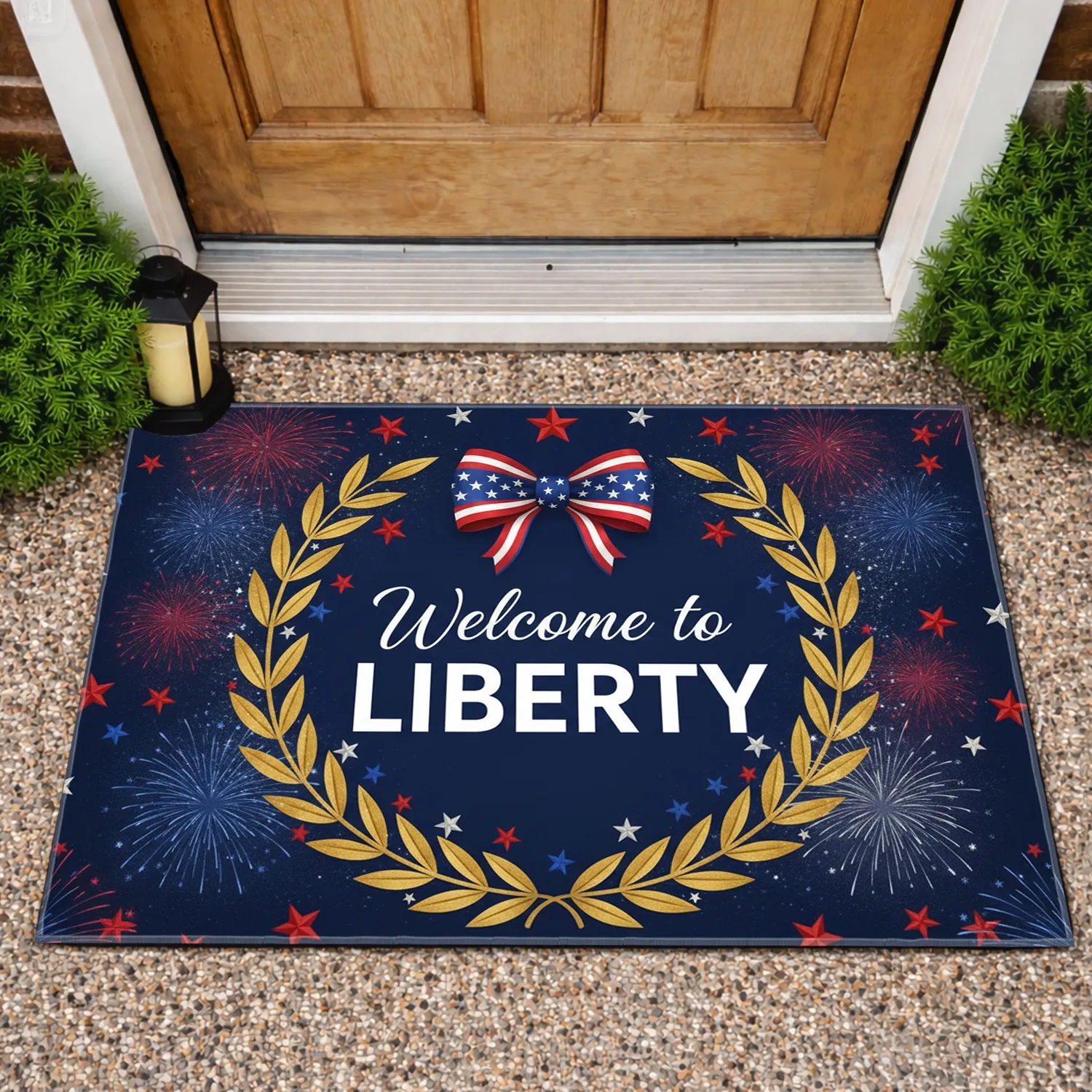 Welcome to Liberty American Flag Bow Wreath - Independence Day Home Decor Gift Doormat - 1
