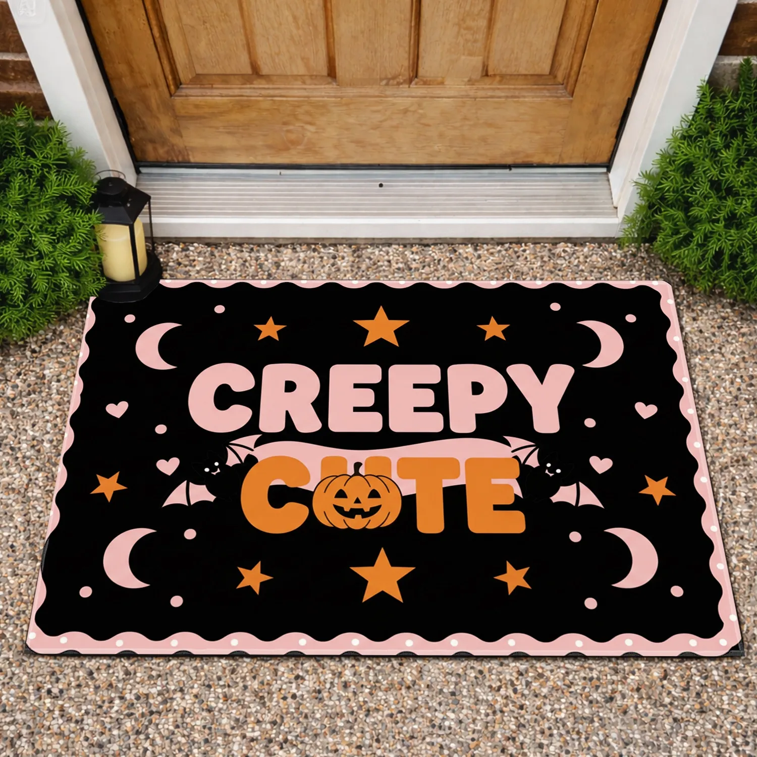 CREEPY CUTE Bats Jack-o'-Lanterns Scalloped Banner Stars Moons Hearts Halloween Decor Gift Doormat - 1