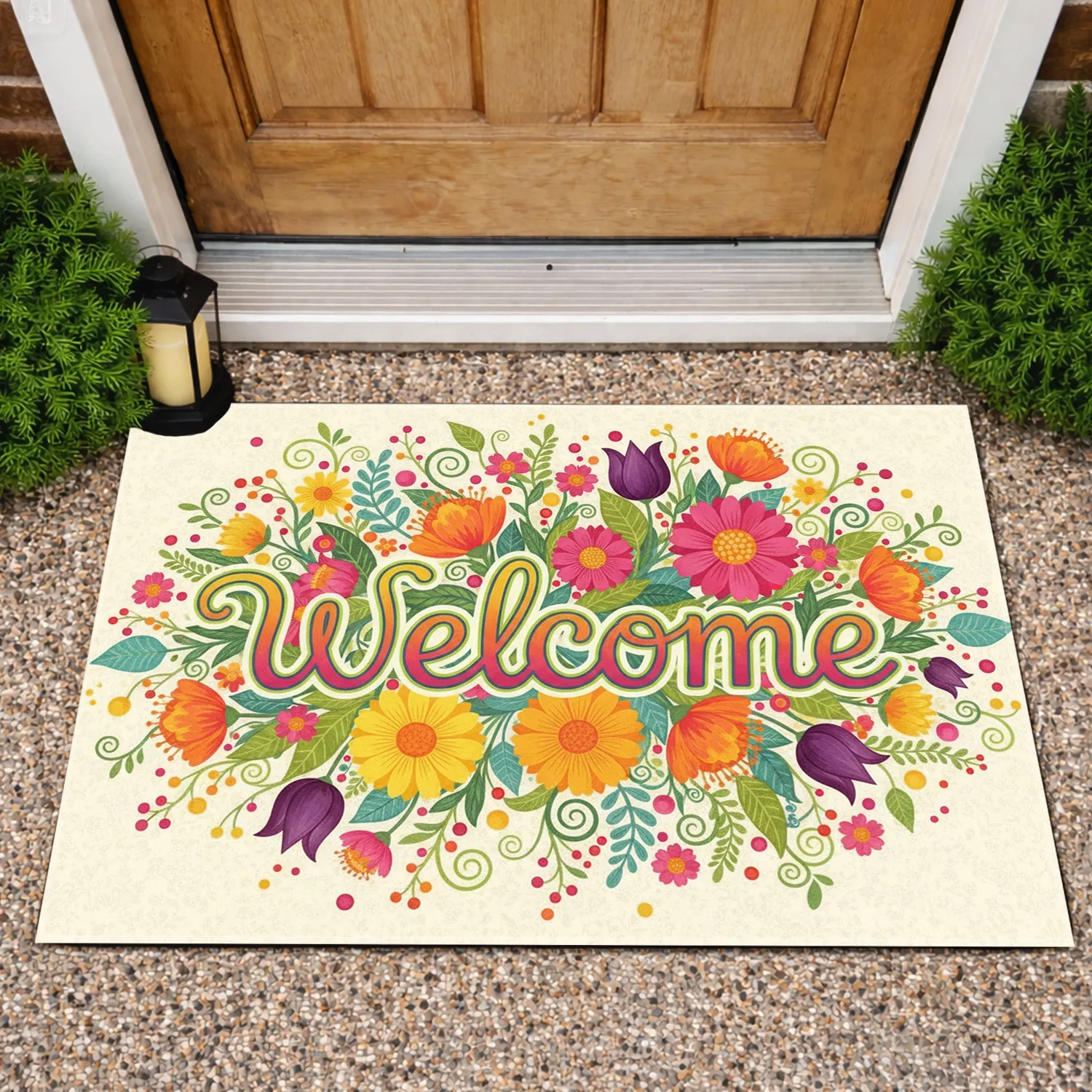Welcome Text Multicolored Daisy Poppy Flowers - Home Decor Gift Doormat - 1