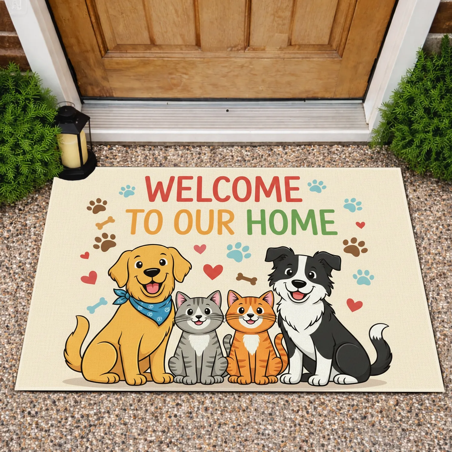 Friendly Dog Cat Pets Welcome Home - New Home Housewarming Gift for Pet Lovers Doormat - 1