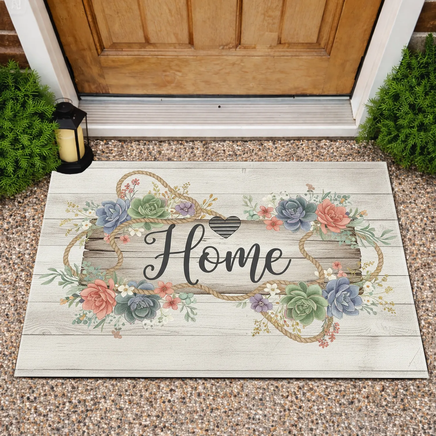 Elegant Script Home Heart Succulents Wildflowers Rustic Wood Plank - Farmhouse Home Decor Gift Doormat - 1