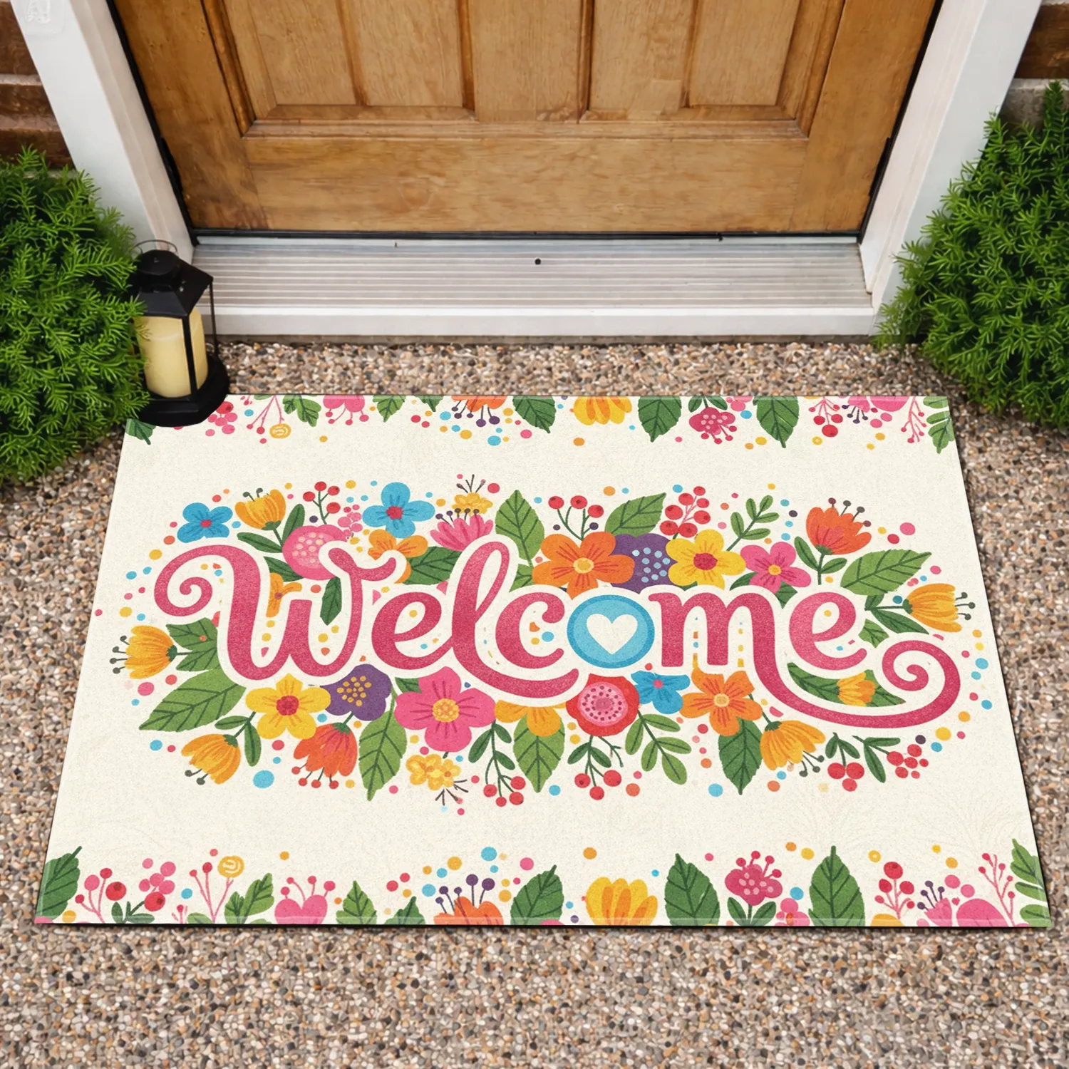Welcome Heart Scroll Blooming Flowers Leaves Berries Dots - Entryway Home Decor Gift Doormat - 1