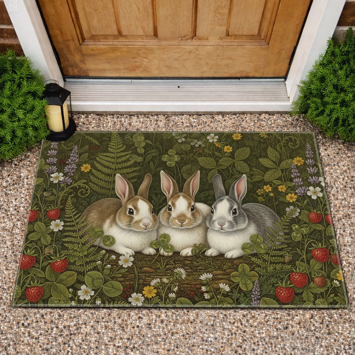 Three Realistic Rabbits Wild Forest Flora - Wildlife Lover Home Decor Gift Doormat - 1