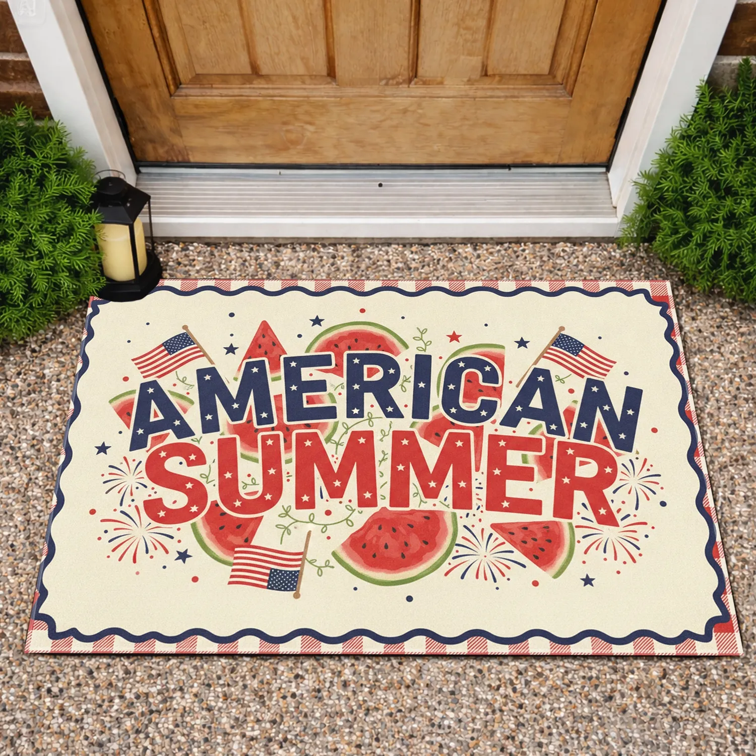 American Summer Watermelon Fireworks Gingham - Independence Day Gift Doormat - 1