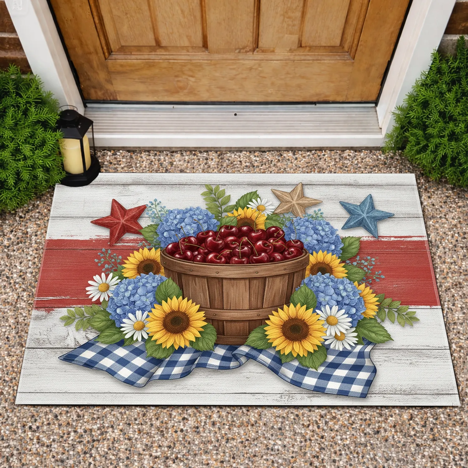 Cherry Bushel Basket Hydrangea Sunflowers Americana Stars - Patriotic Farmhouse Decor Doormat - 1