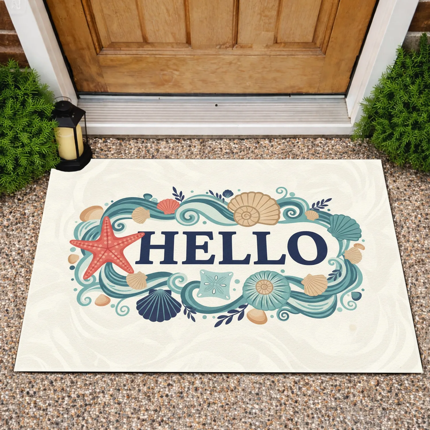 HELLO Starfish Seashell Sand Dollar Waves Botanical Accents - Home Decor Gift Doormat - 1