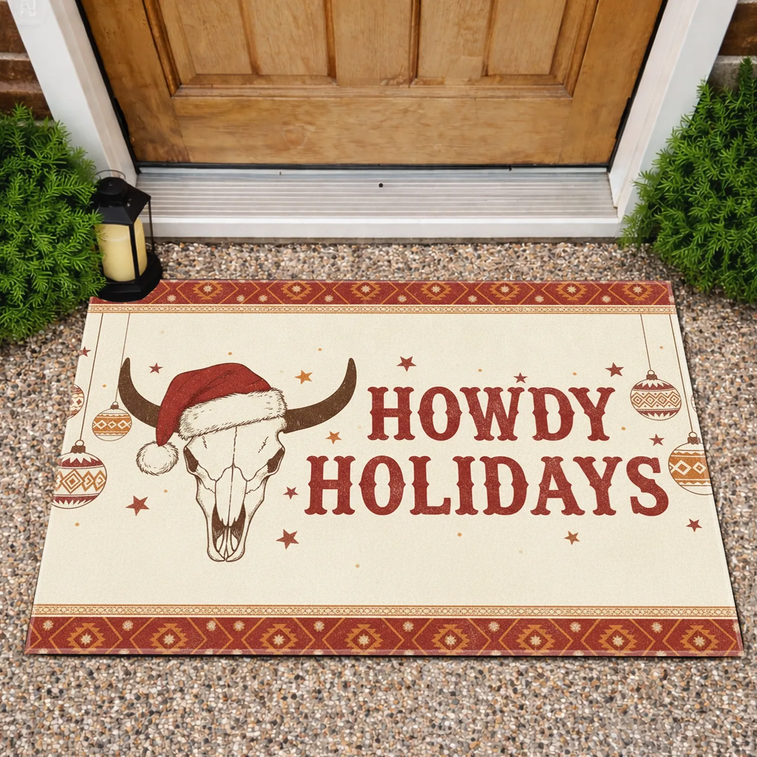 Howdy Holidays Bull Skull Santa Hat Western - Christmas Decor Gift Doormat - 1